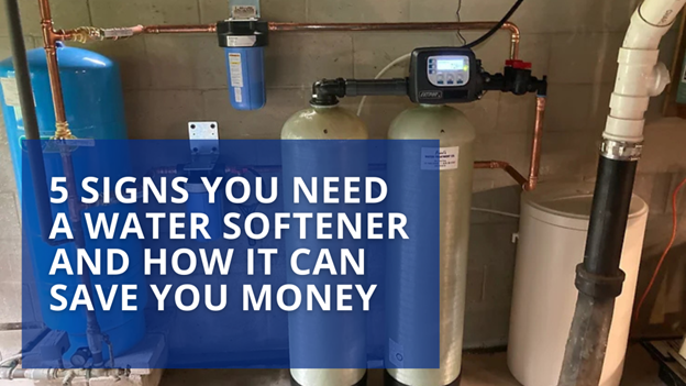 Residential water softener system with two tanks and the blog title overlay.